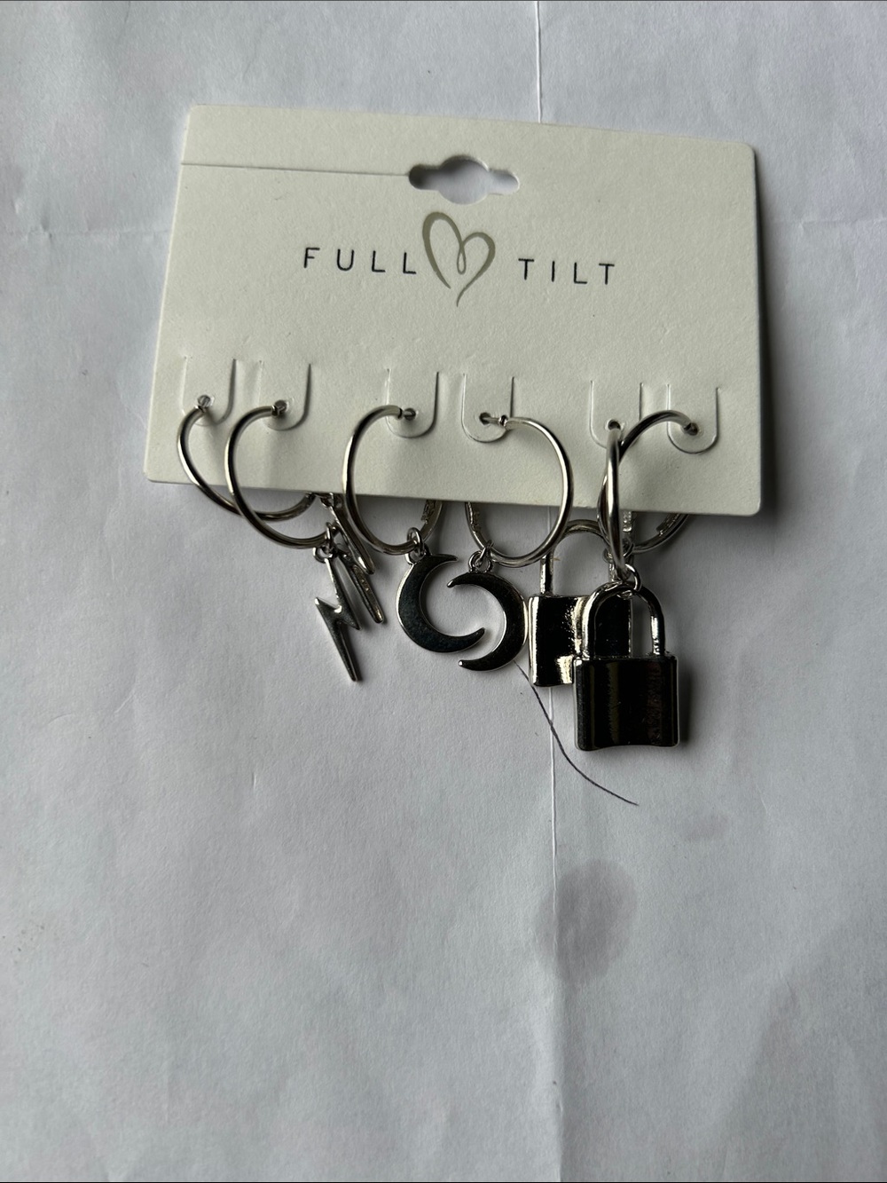 Full Tilt Silver Charm Hoop Earring Set with Lightning, Moon & Padlock